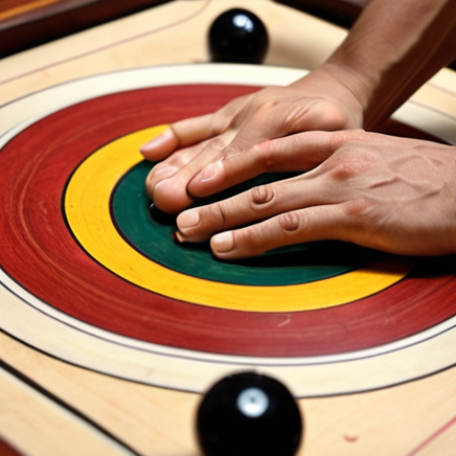 Home 6 **Close-up of hands gripping a carrom striker.** Focus on the thumb and forefinger, showing a firm but relaxed grip. Wooden carrom board visible in soft focus.