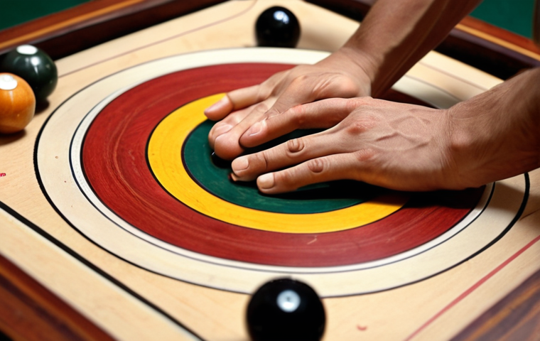 **Close-up of hands gripping a carrom striker.** Focus on the thumb and forefinger, showing a firm but relaxed grip. Wooden carrom board visible in soft focus.